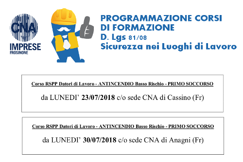 Featured image for “Corsi Sicurezza, luglio 2018 – Sedi Cassino e Anagni”