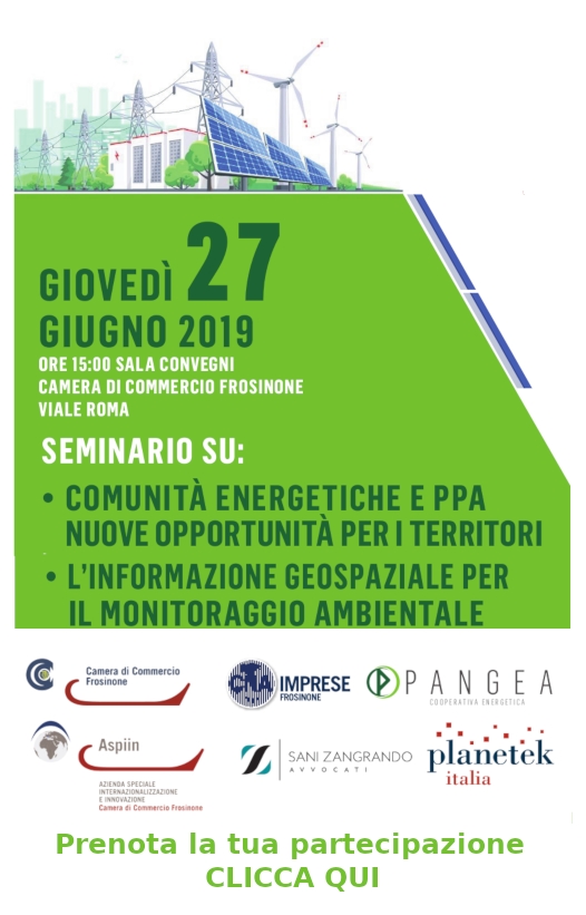 Featured image for “Seminario gratuito su: “COMUNITA’ ENERGETICHE E PPA Nuove opportunità per i territori e  L’INFORMAZIONE GEOSPAZIALE PER IL MONITORAGGIO AMBIENTALE “”