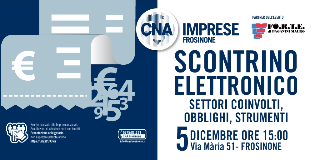 Featured image for “Scontrino Elettronico: obblighi, strumenti, settori coinvolti – 5 dicembre CNA Frosinone”